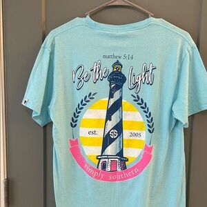 Simply Southern Aqua Tee with Lighthouse Design women’s size medium